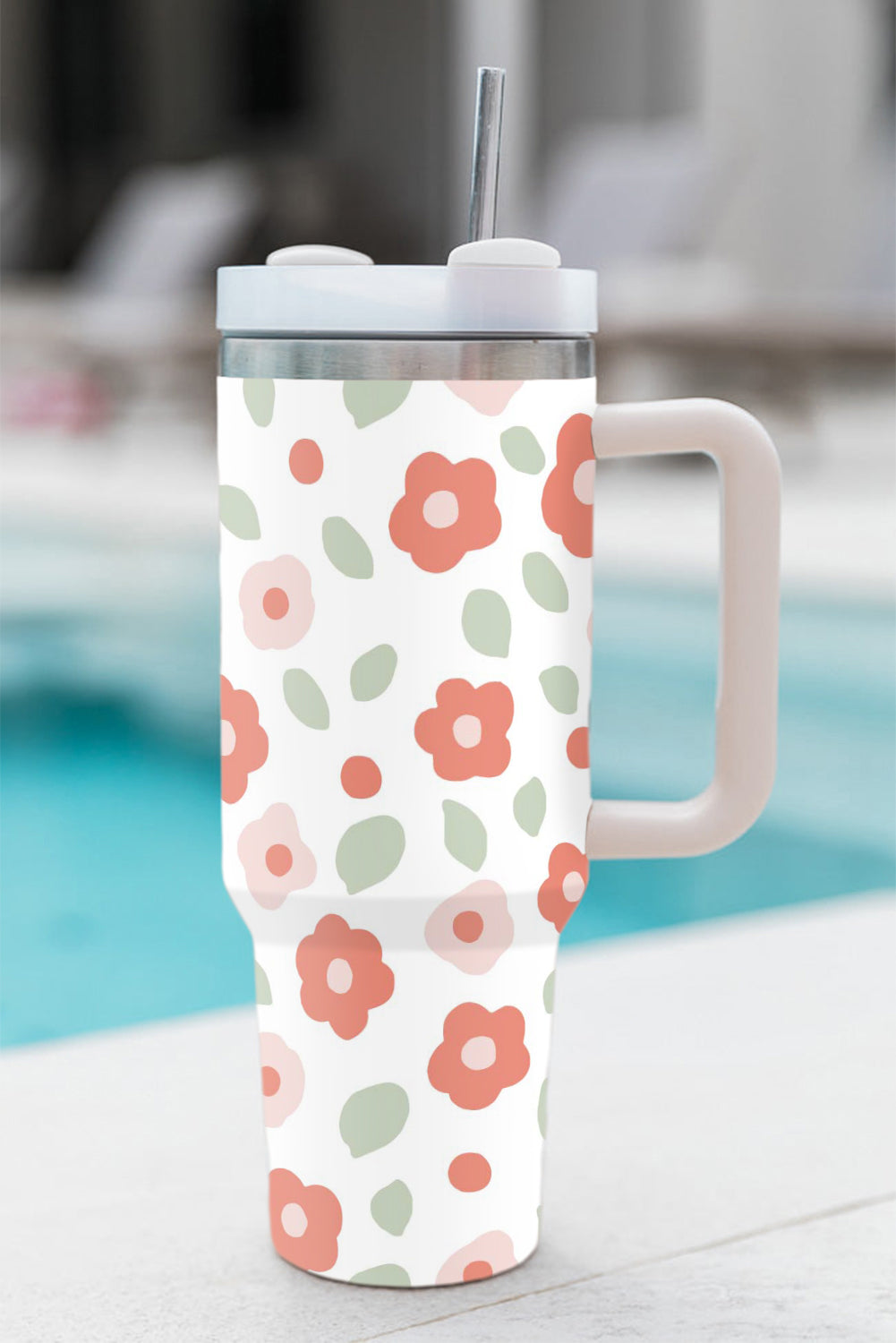 White 1200ml 60s Floral Print Stainless Large Portable Cup - MAD RUFFI