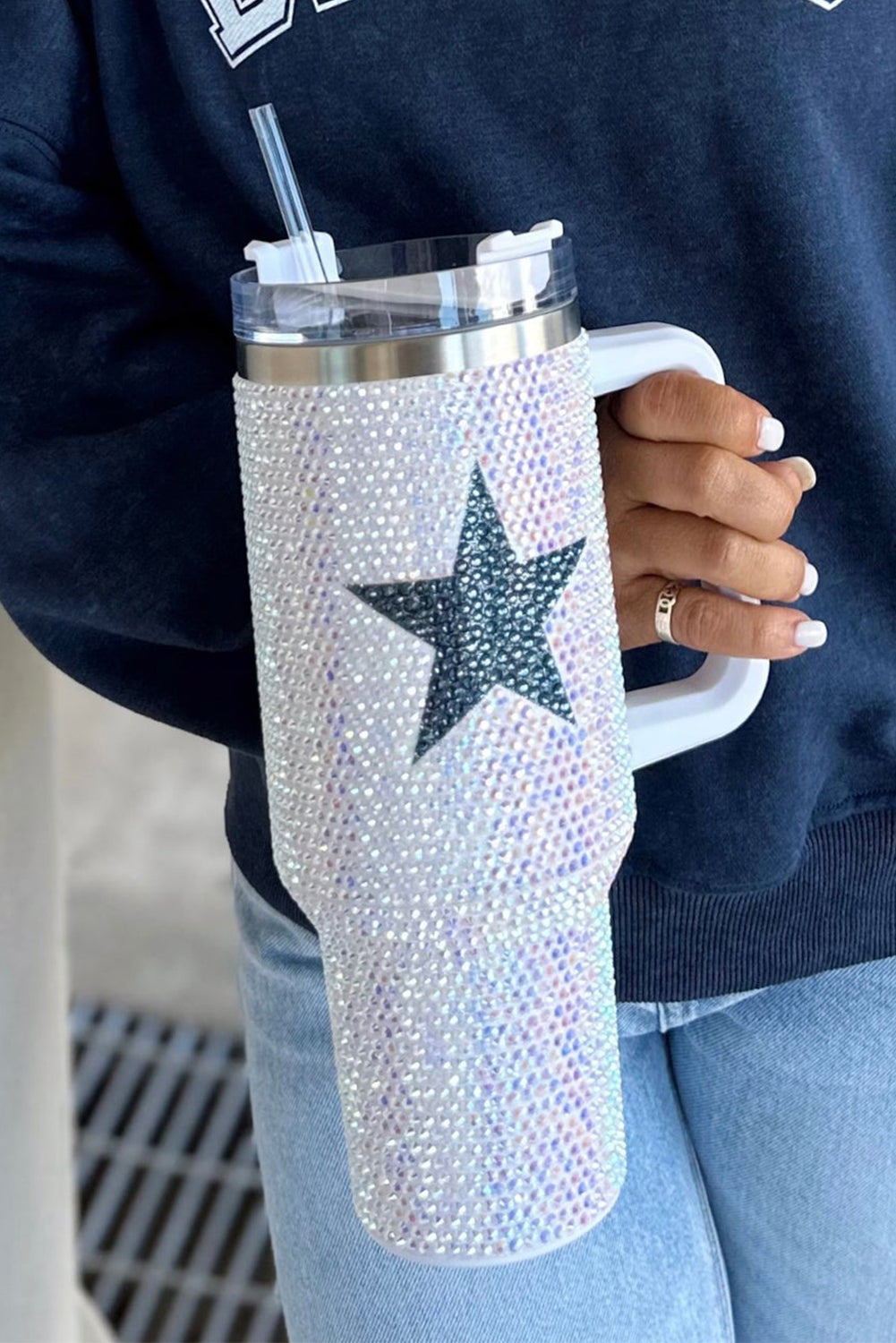 White 40oz Star Shape Full Rhinestone Stainless Portable Cup - MAD RUFFI