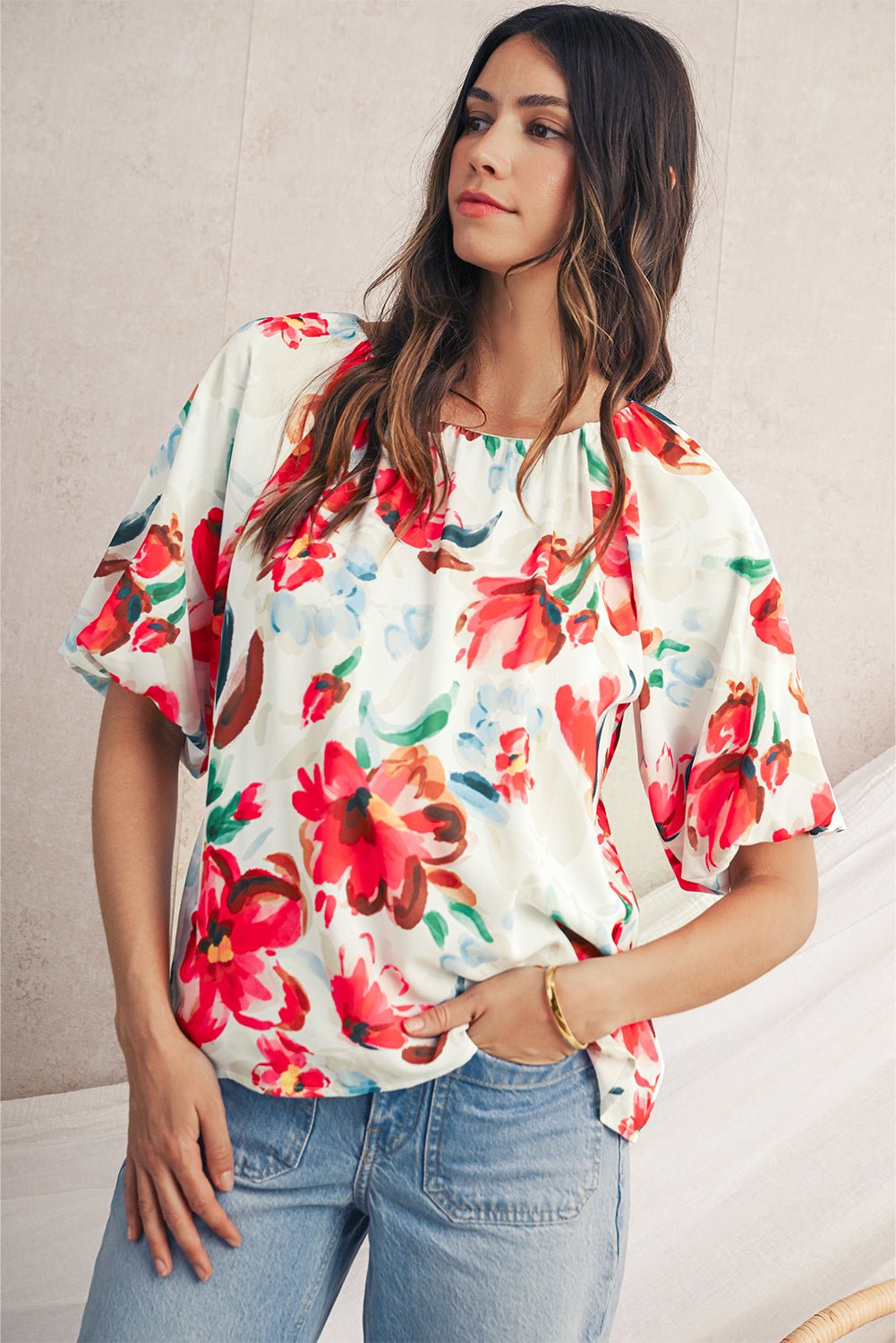 White Abstract Floral Print Puff Sleeve Blouse - MAD RUFFI