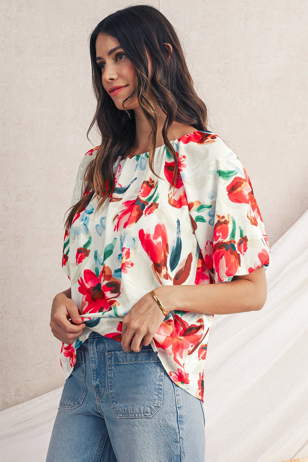White Abstract Floral Print Puff Sleeve Blouse - MAD RUFFI