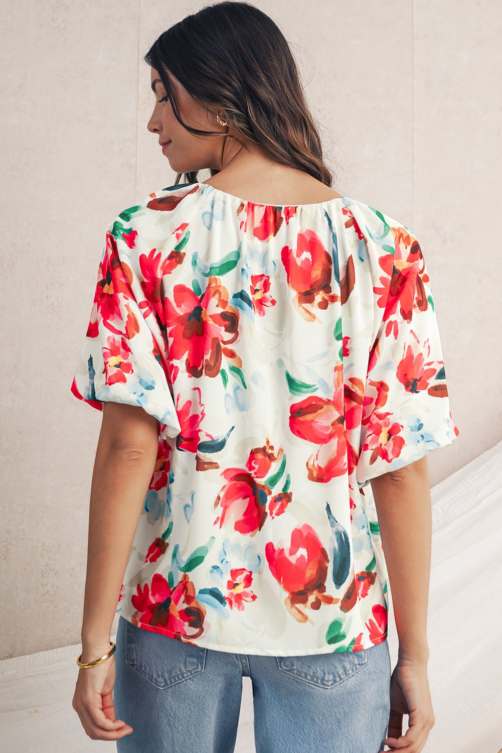 White Abstract Floral Print Puff Sleeve Blouse - MAD RUFFI