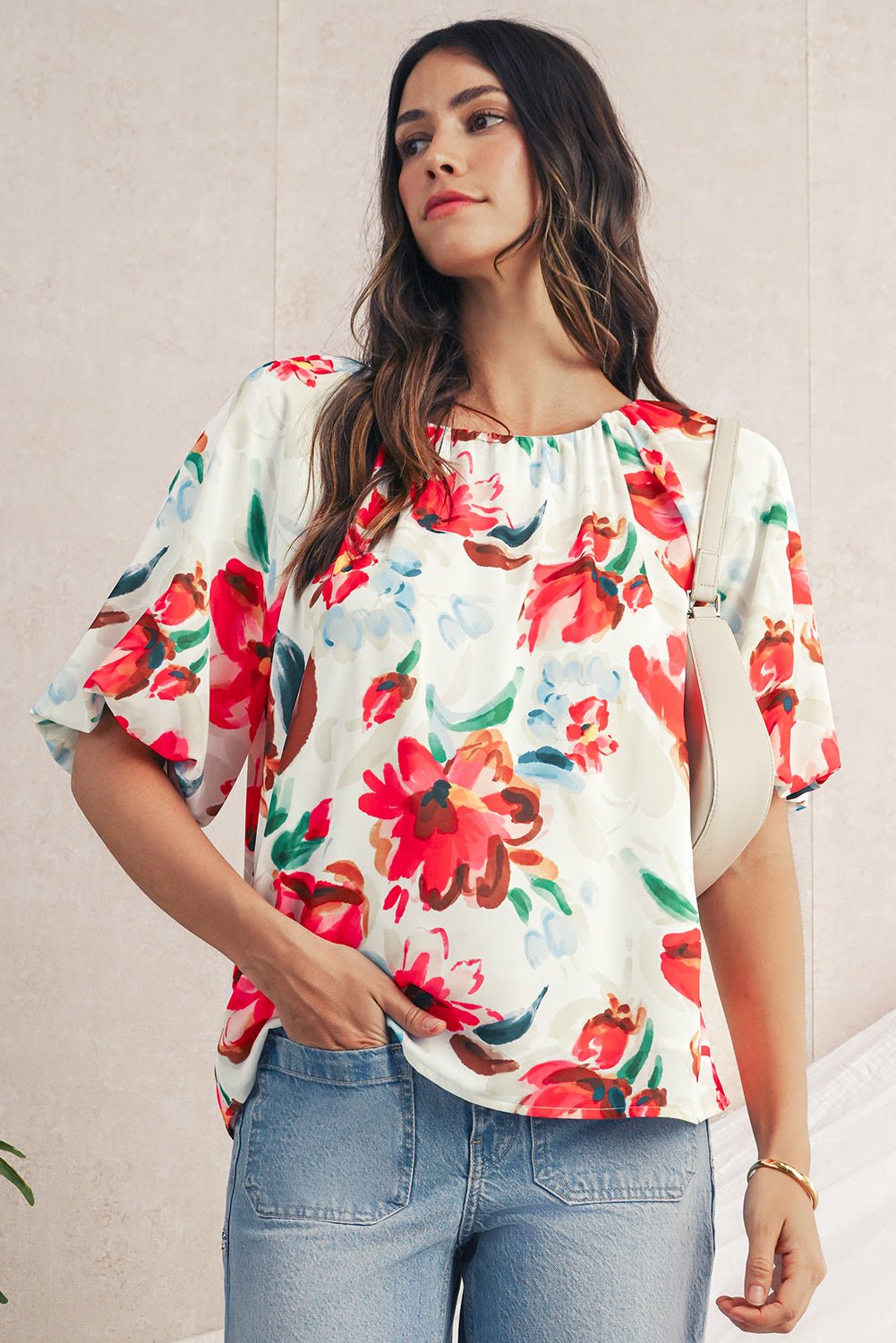 White Abstract Floral Print Puff Sleeve Blouse - MAD RUFFI