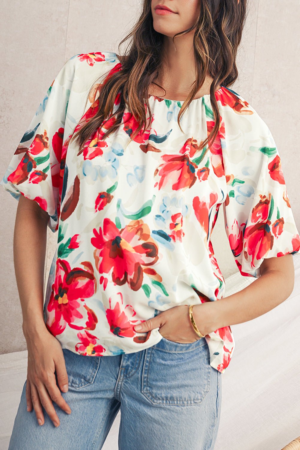 White Abstract Floral Print Puff Sleeve Blouse - MAD RUFFI