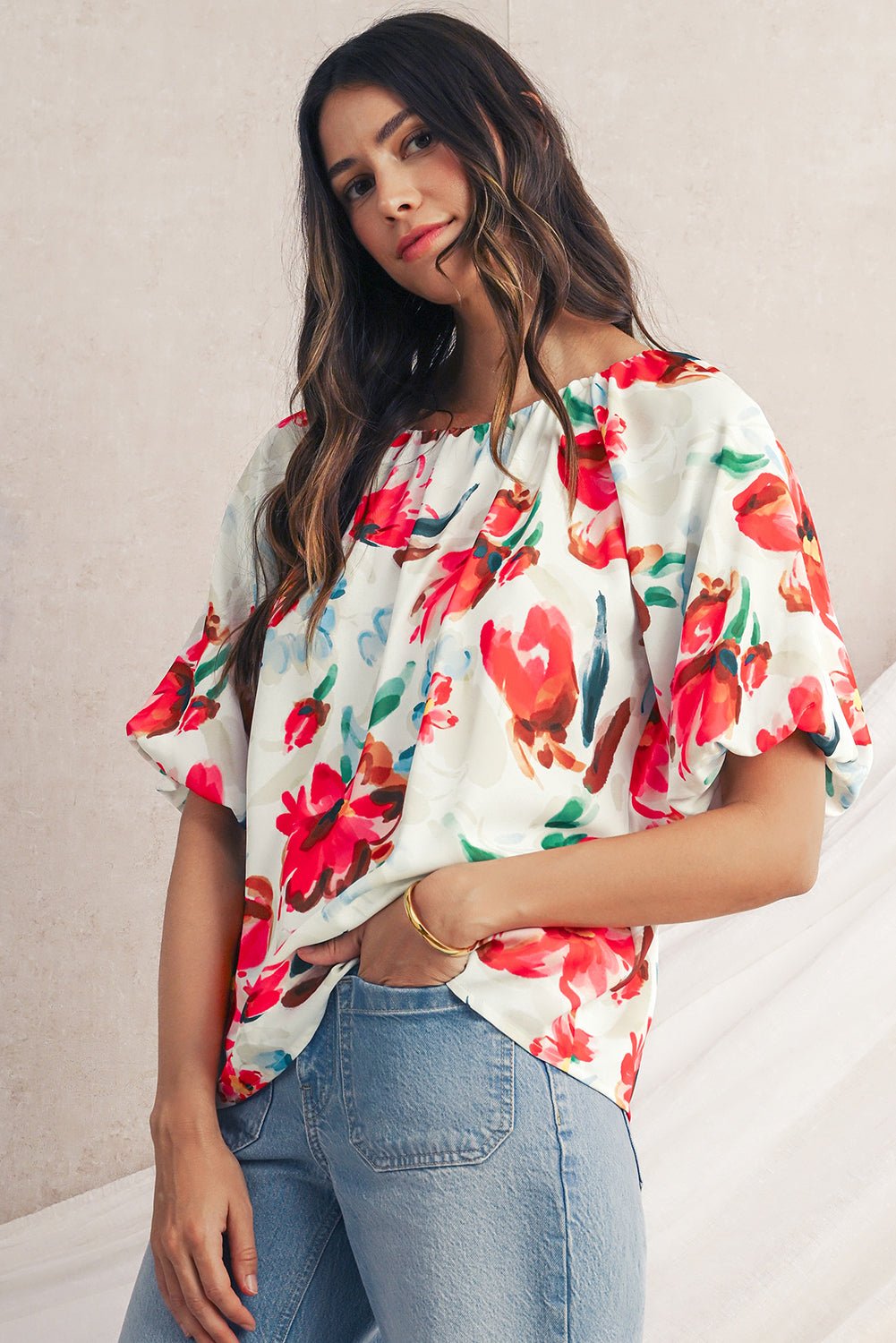White Abstract Floral Print Puff Sleeve Blouse - MAD RUFFI