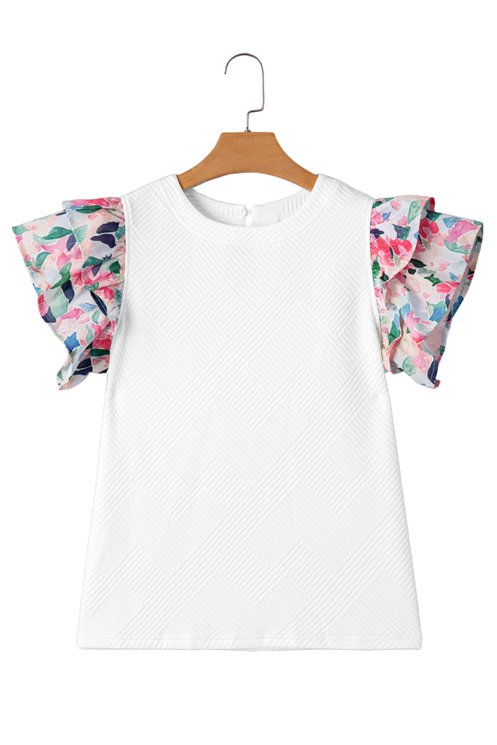 White Abstract Print Tiered Ruffled Sleeve Textured Knit Top - MAD RUFFI