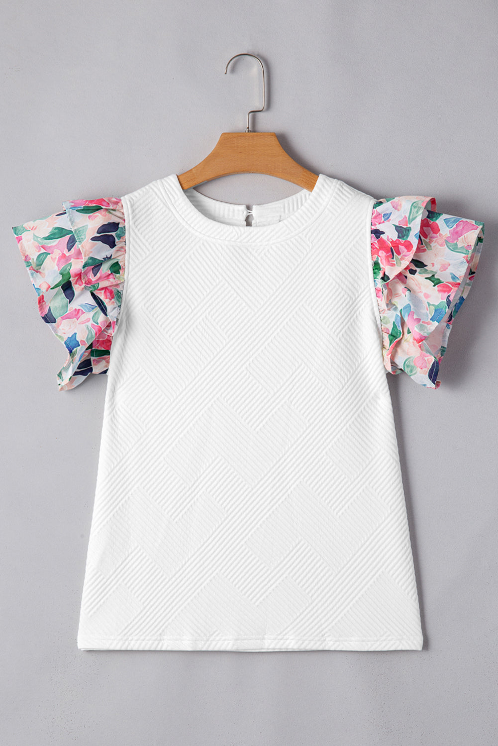 White Abstract Print Tiered Ruffled Sleeve Textured Knit Top - MAD RUFFI