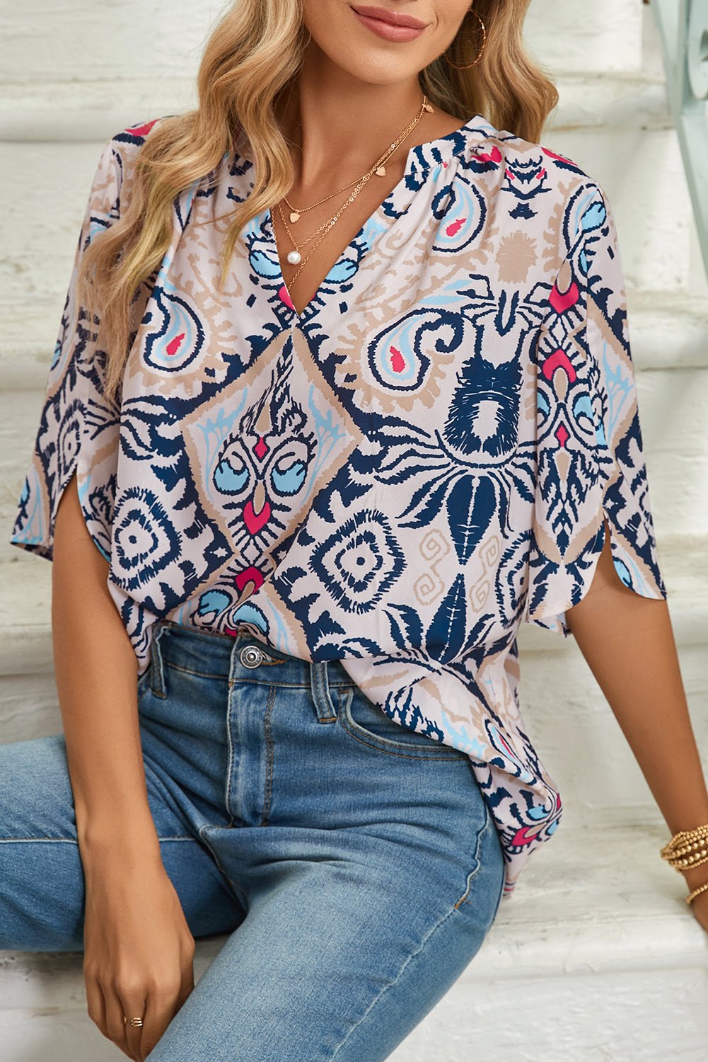 White Abstract Print V - Neck Half Tulip Sleeve Blouse - MAD RUFFI