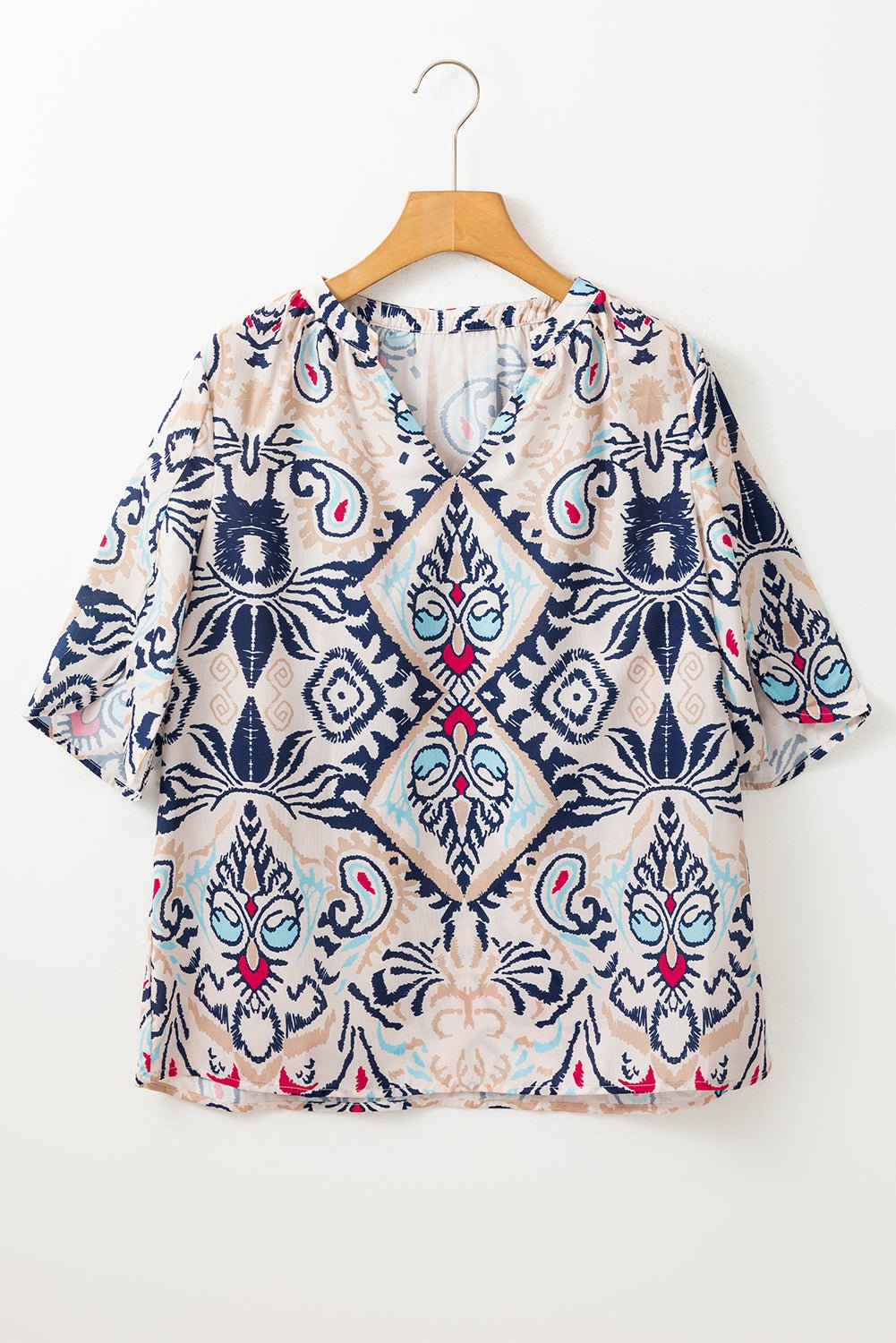 White Abstract Print V - Neck Half Tulip Sleeve Blouse - MAD RUFFI
