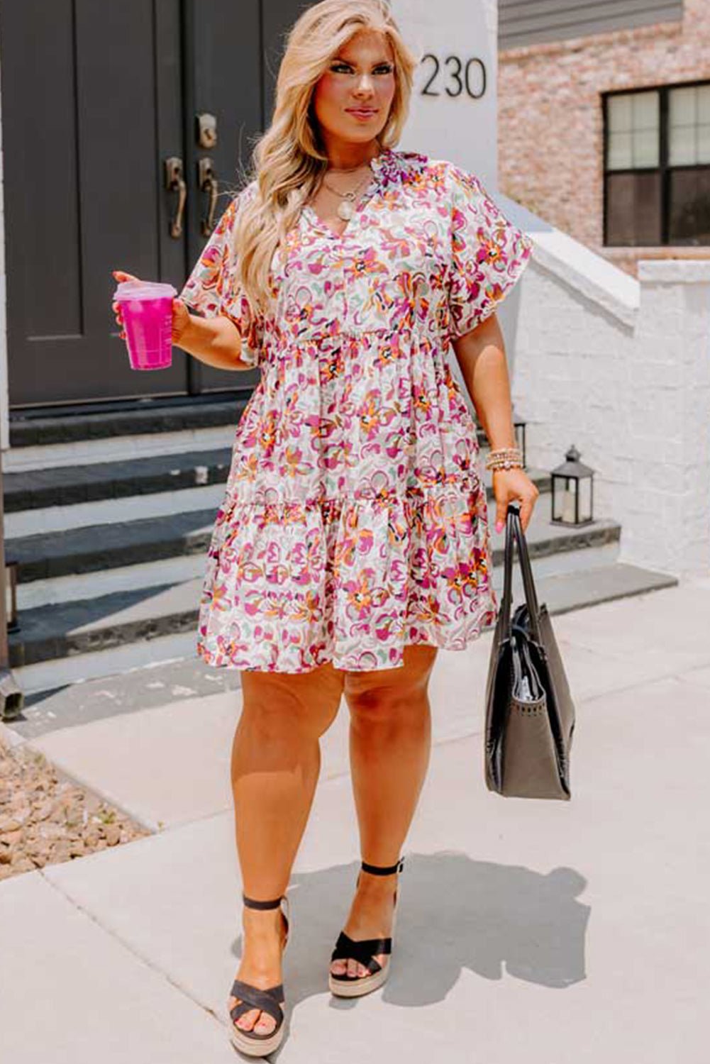 White Abstract Print V Neck Short Sleeve Ruffle Plus Size Mini Dress - MAD RUFFI