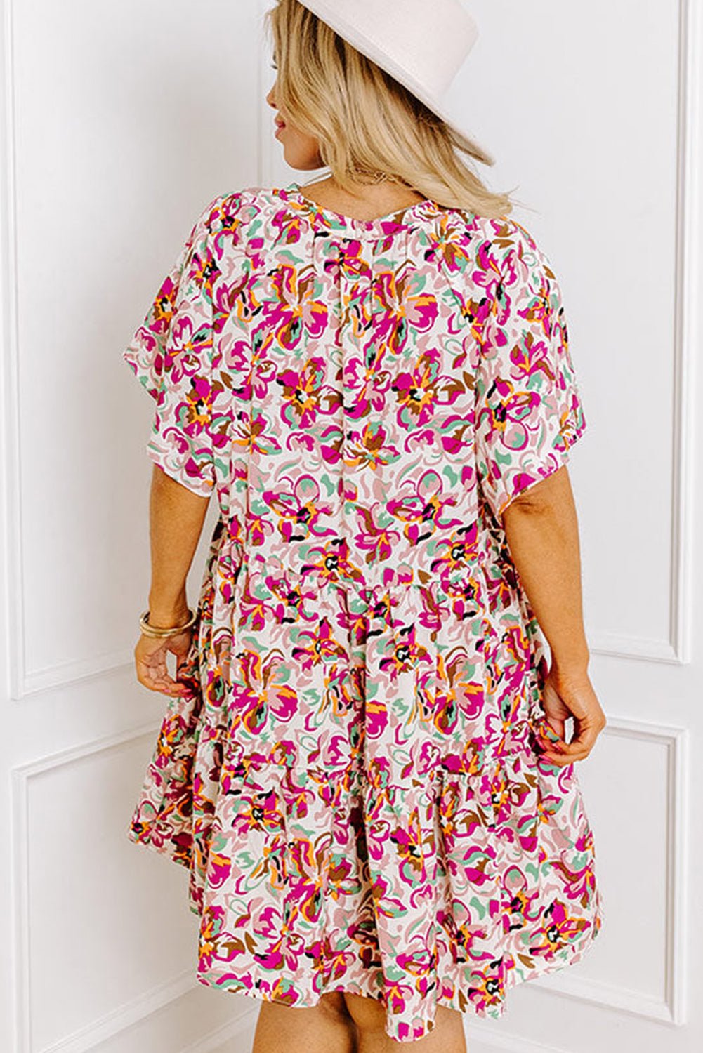 White Abstract Print V Neck Short Sleeve Ruffle Plus Size Mini Dress - MAD RUFFI