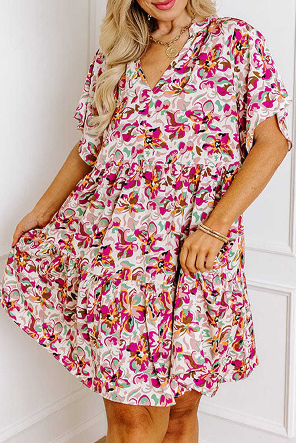 White Abstract Print V Neck Short Sleeve Ruffle Plus Size Mini Dress - MAD RUFFI