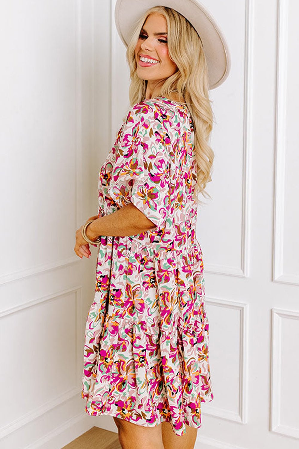 White Abstract Print V Neck Short Sleeve Ruffle Plus Size Mini Dress - MAD RUFFI