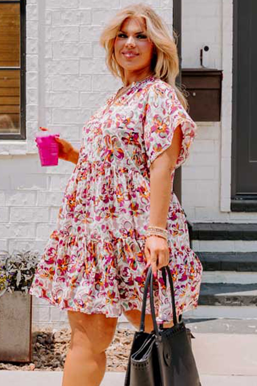 White Abstract Print V Neck Short Sleeve Ruffle Plus Size Mini Dress - MAD RUFFI