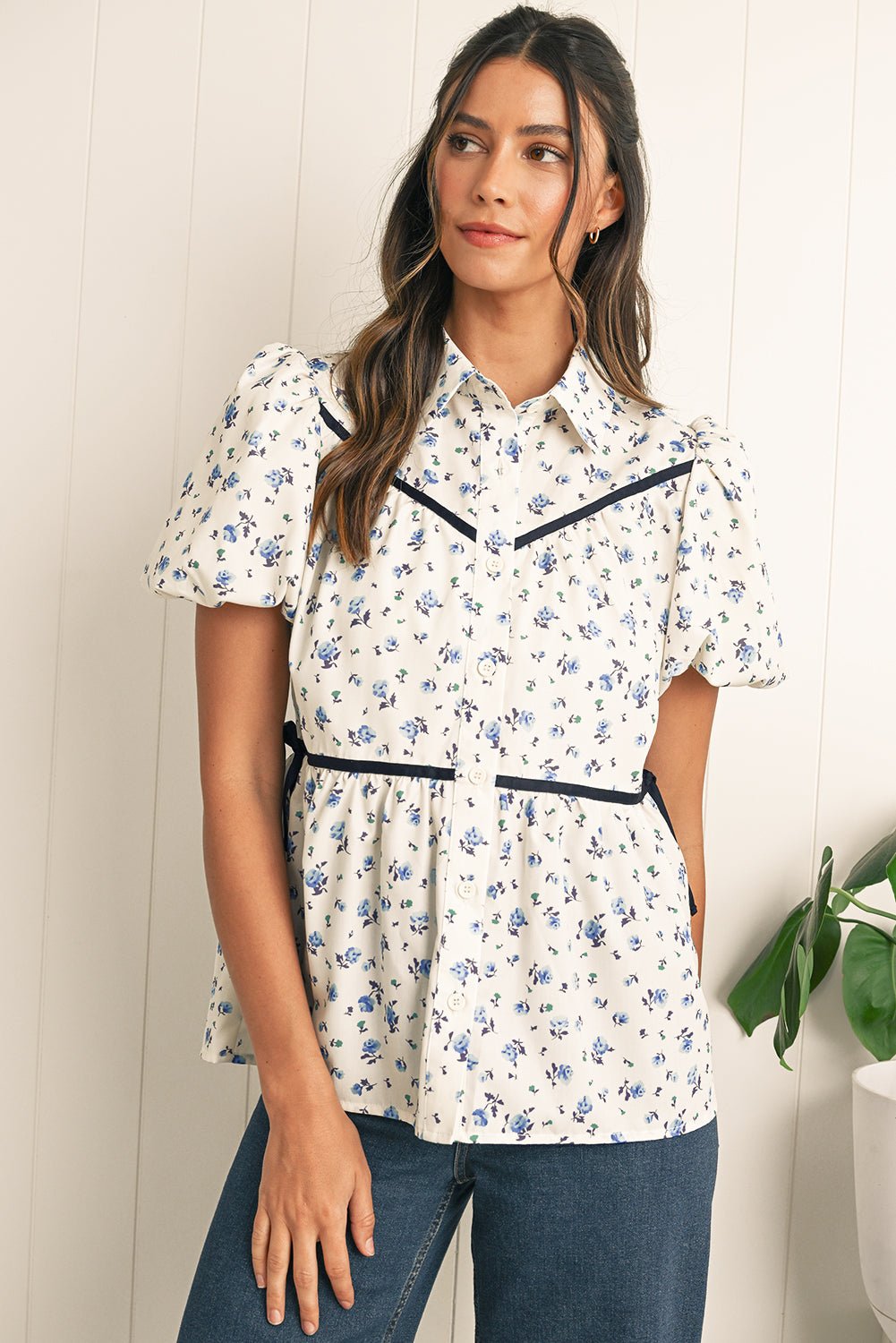 White Boho Ditsy Floral Puff Sleeve Pleated Shirt - MAD RUFFI