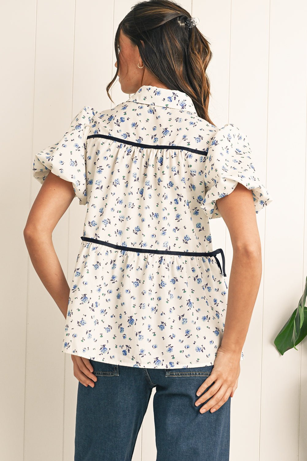 White Boho Ditsy Floral Puff Sleeve Pleated Shirt - MAD RUFFI