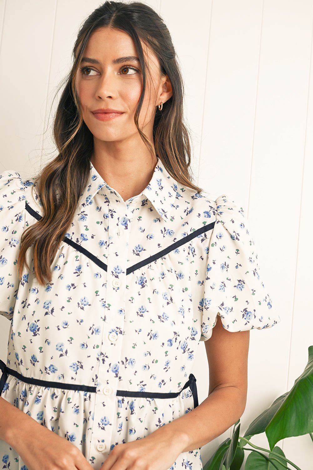 White Boho Ditsy Floral Puff Sleeve Pleated Shirt - MAD RUFFI