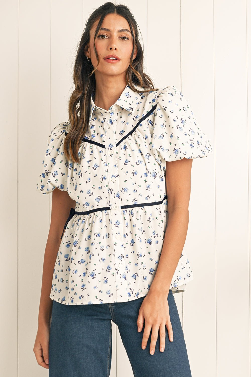 White Boho Ditsy Floral Puff Sleeve Pleated Shirt - MAD RUFFI