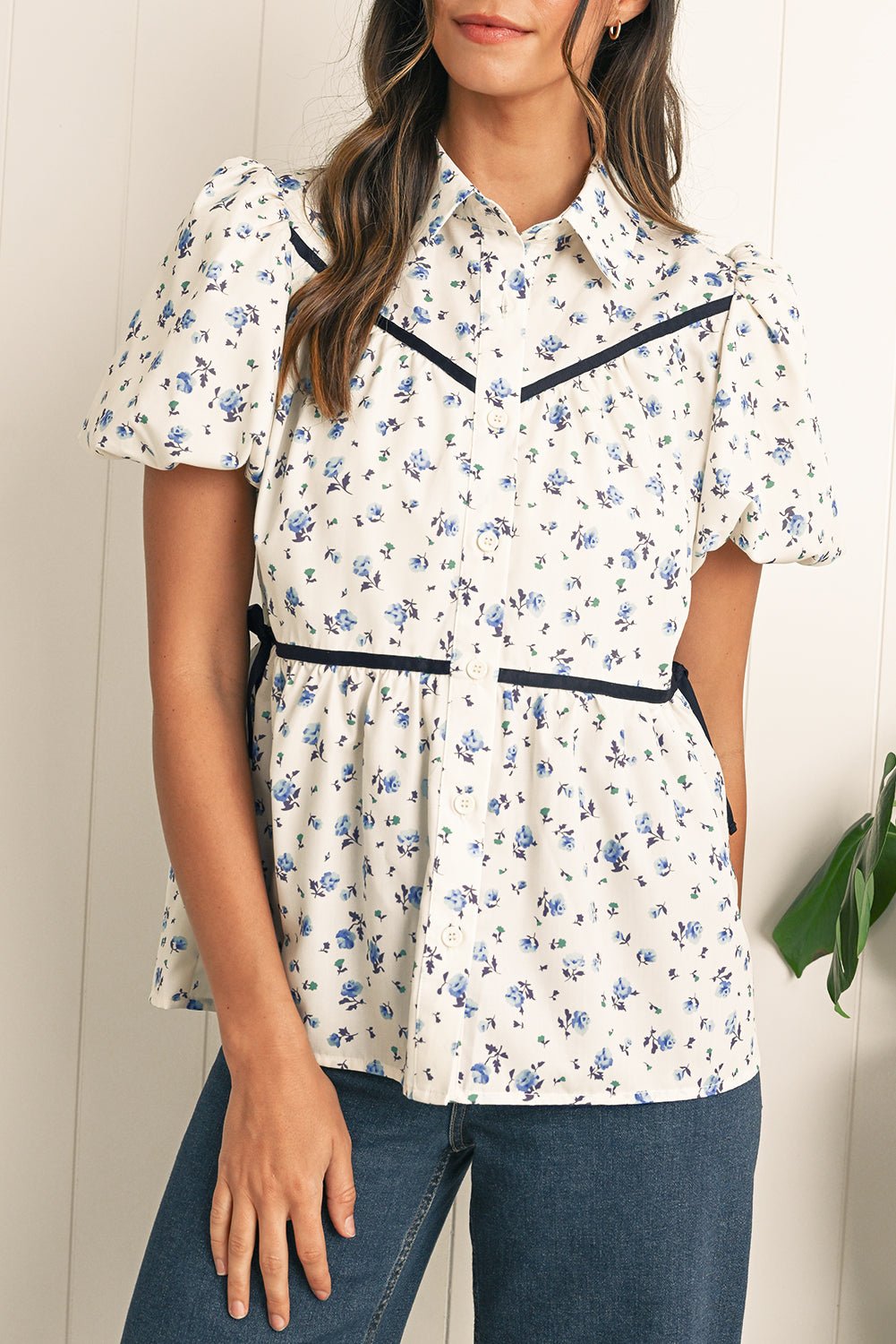 White Boho Ditsy Floral Puff Sleeve Pleated Shirt - MAD RUFFI