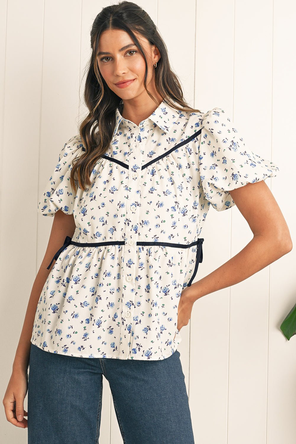 White Boho Ditsy Floral Puff Sleeve Pleated Shirt - MAD RUFFI