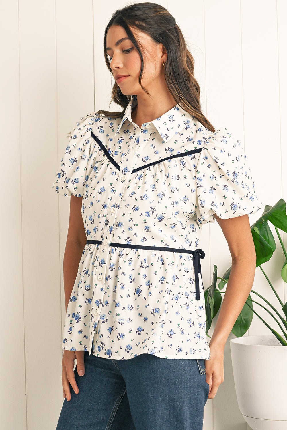 White Boho Ditsy Floral Puff Sleeve Pleated Shirt - MAD RUFFI