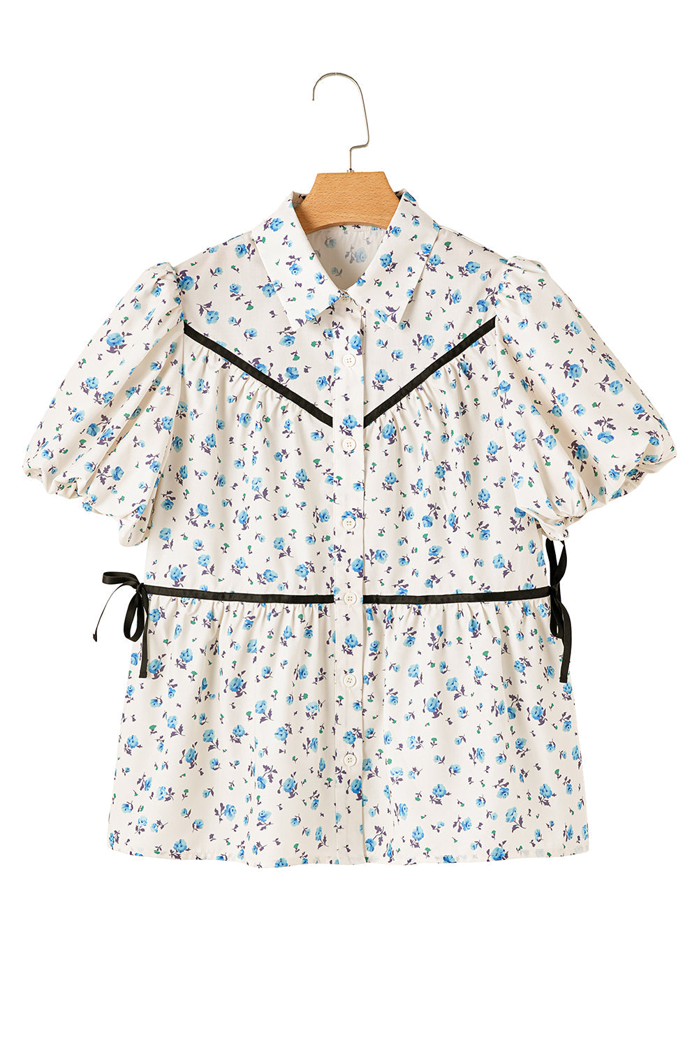 White Boho Ditsy Floral Puff Sleeve Pleated Shirt - MAD RUFFI