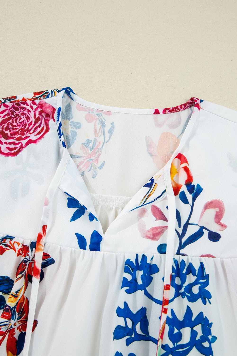 White Boho Floral Fringe Tie V Neck Blouse - MAD RUFFI