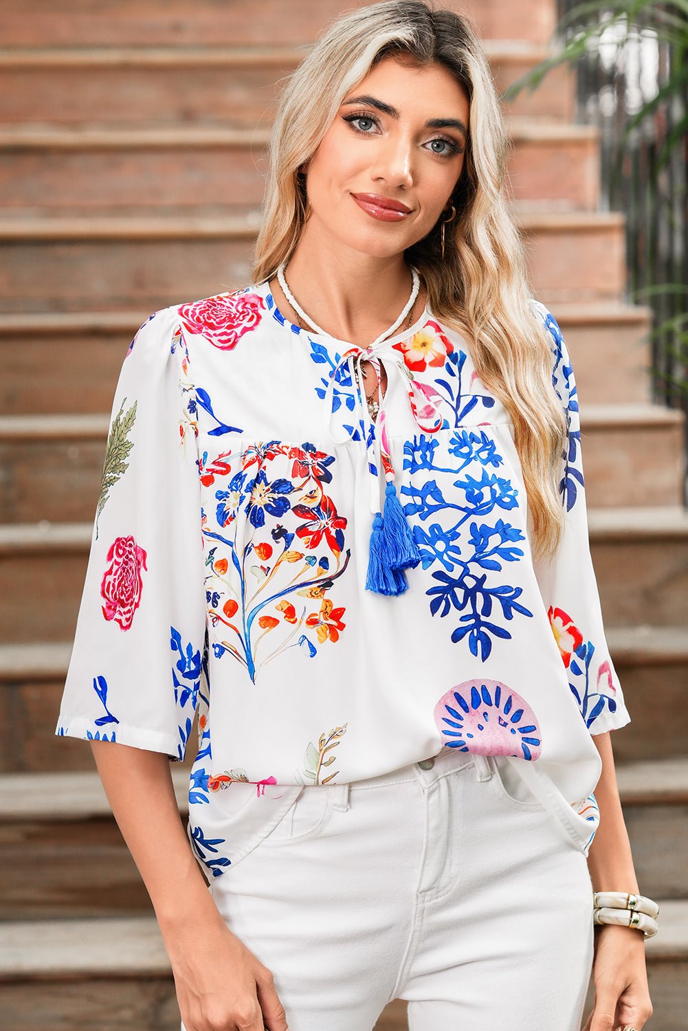 White Boho Floral Fringe Tie V Neck Blouse - MAD RUFFI