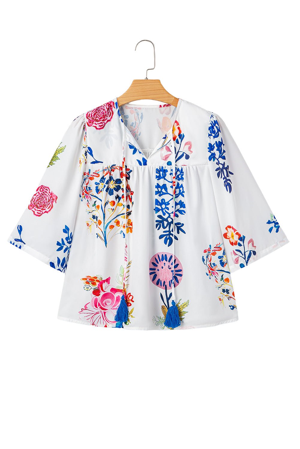 White Boho Floral Fringe Tie V Neck Blouse - MAD RUFFI