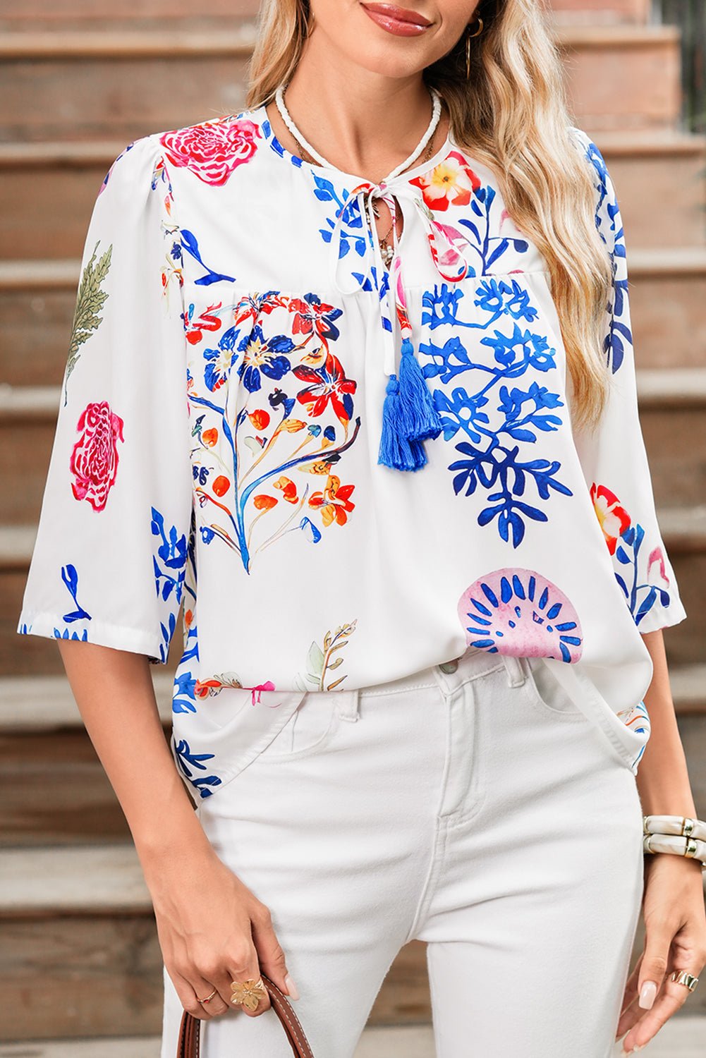 White Boho Floral Fringe Tie V Neck Blouse - MAD RUFFI