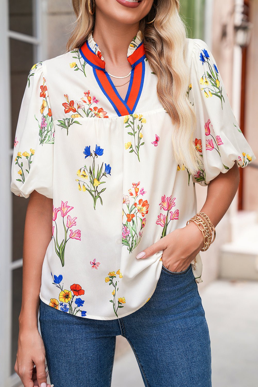 White Boho Floral Puff Sleeve Pop of Color Neckline Blouse - MAD RUFFI