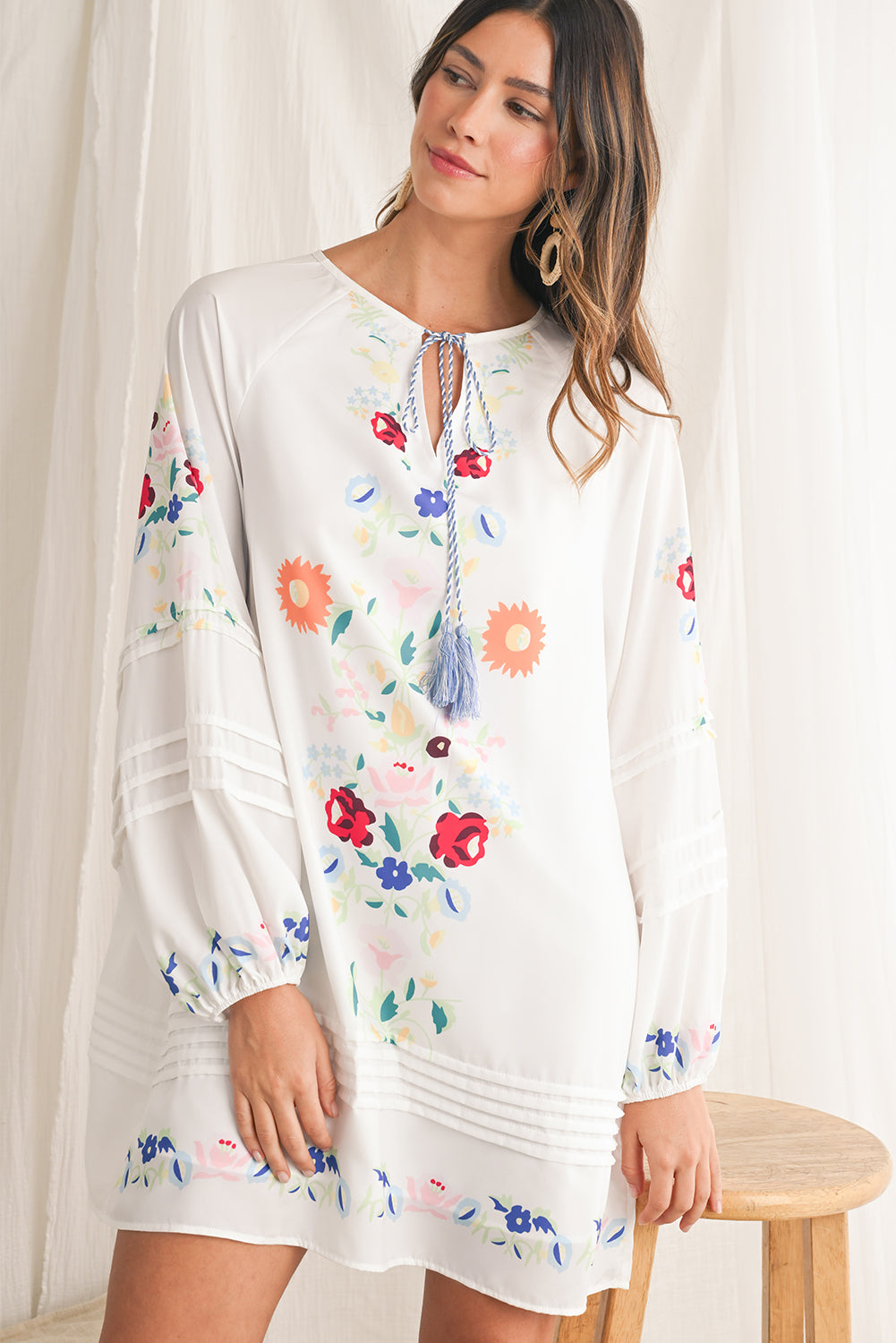 White Boho Floral Tassel Tie V Neck Mini Dress - MAD RUFFI