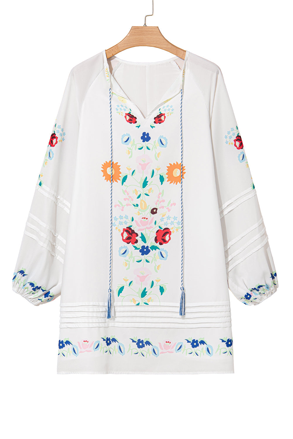 White Boho Floral Tassel Tie V Neck Mini Dress - MAD RUFFI