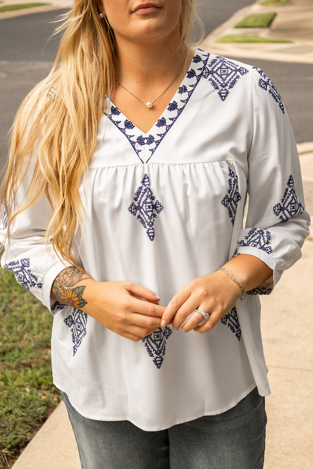 White Boho Geometric Print V Neck Plus Size Blouse - White / 1X - Plus Size Tops