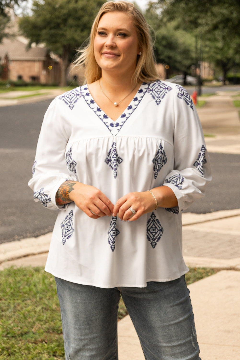 White Boho Geometric Print V Neck Plus Size Blouse - Plus Size Tops