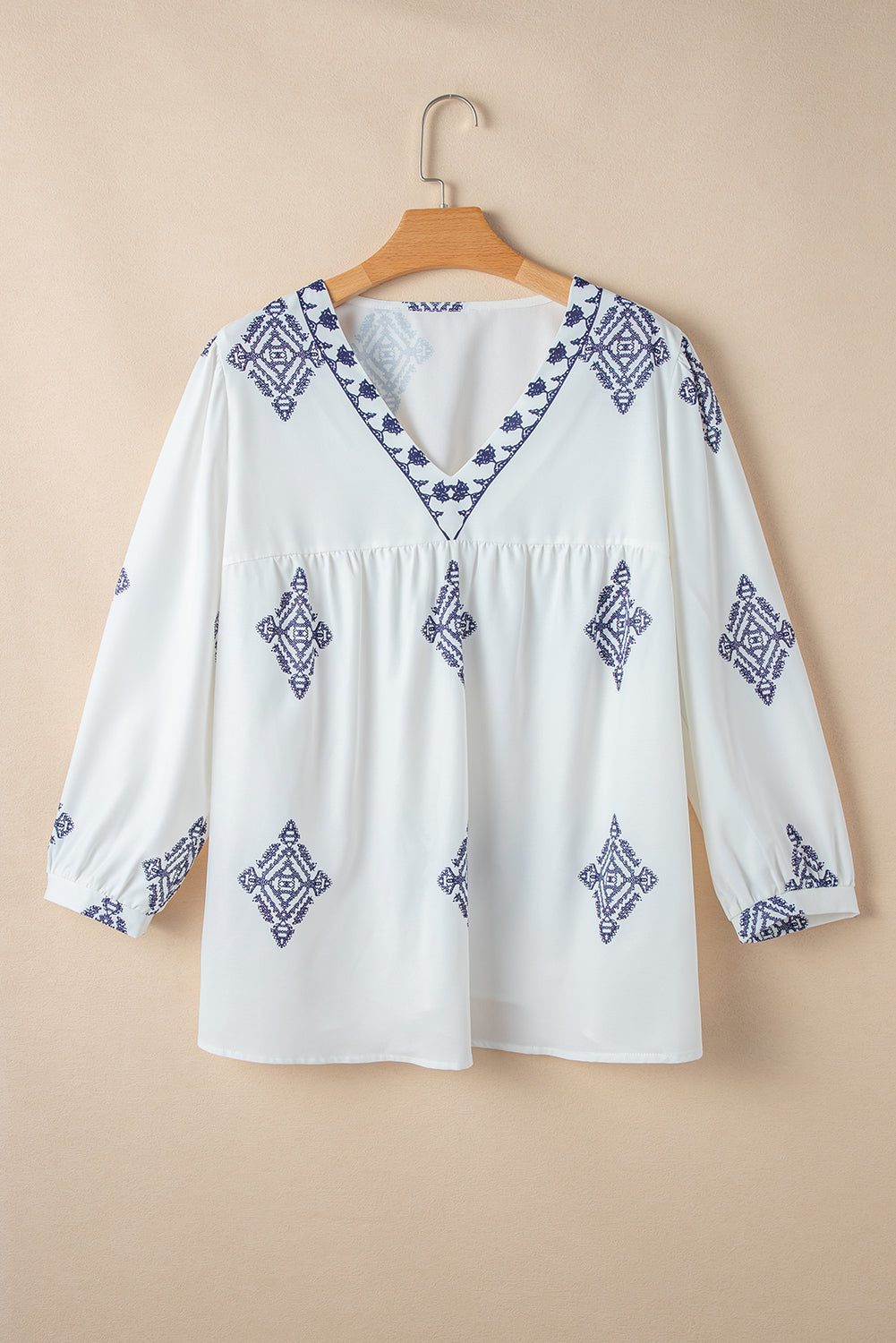 White Boho Geometric Print V Neck Plus Size Blouse - Plus Size Tops