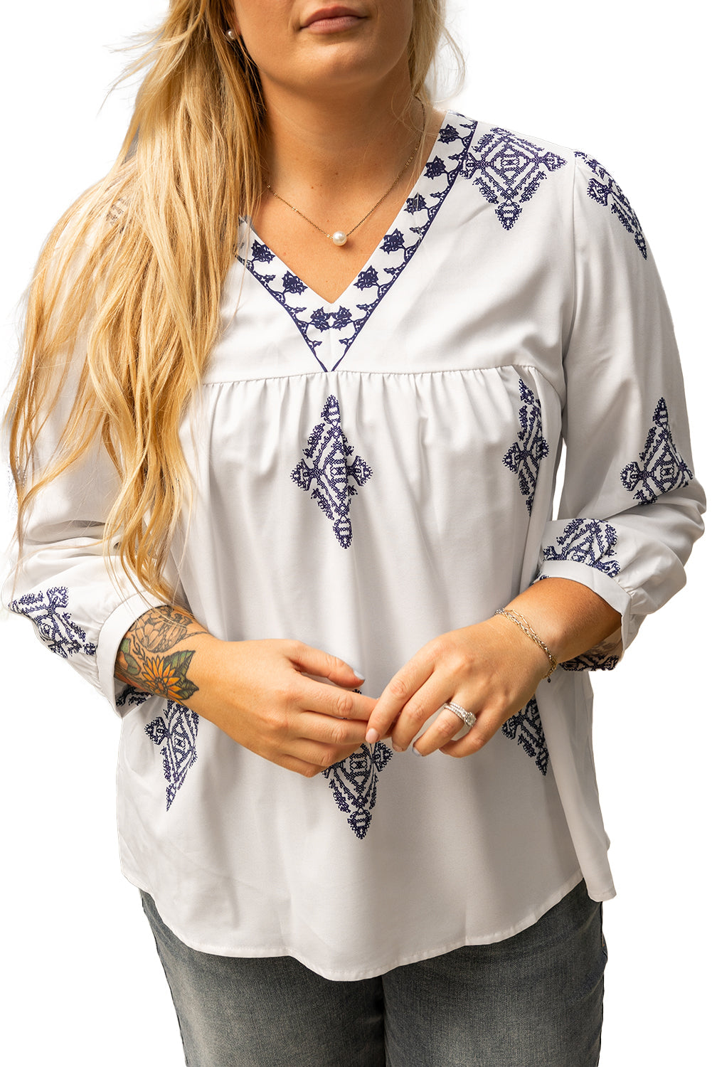 White Boho Geometric Print V Neck Plus Size Blouse - Plus Size Tops