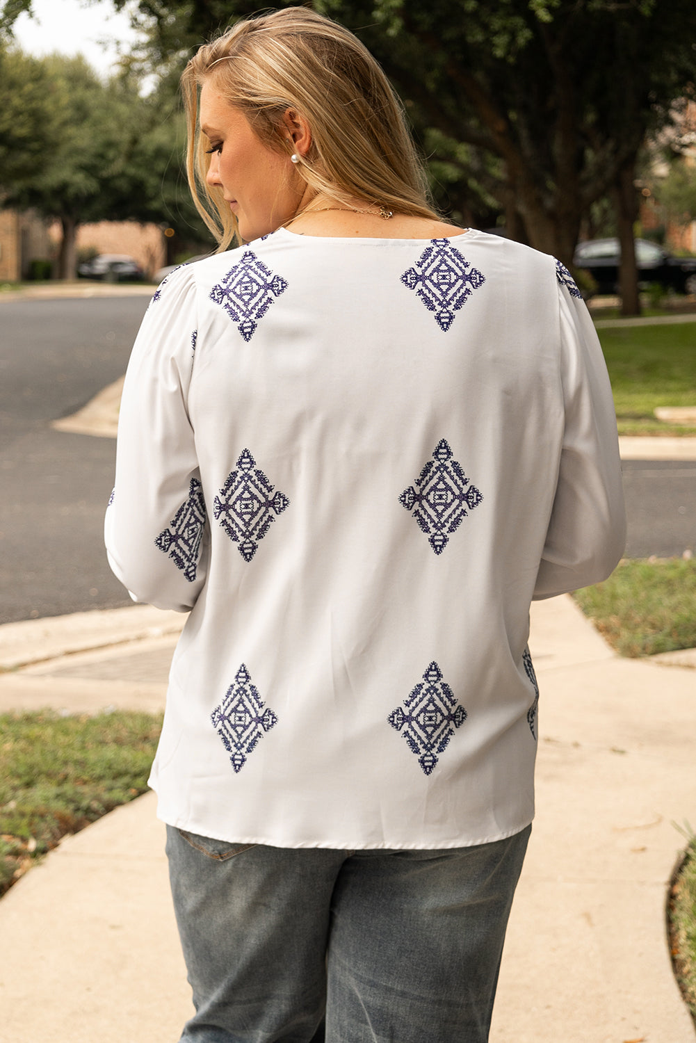 White Boho Geometric Print V Neck Plus Size Blouse - Plus Size Tops