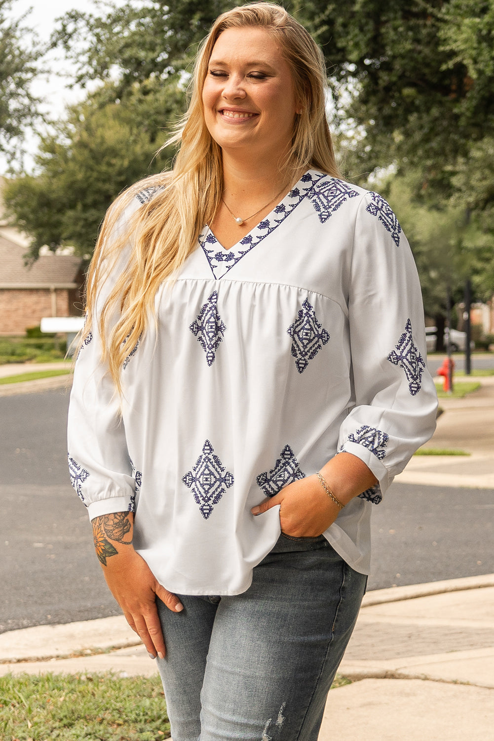 White Boho Geometric Print V Neck Plus Size Blouse - Plus Size Tops