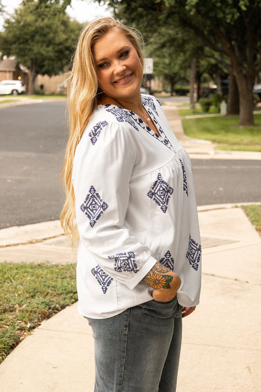 White Boho Geometric Print V Neck Plus Size Blouse - Plus Size Tops