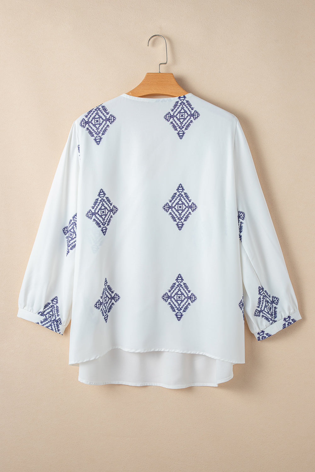 White Boho Geometric Print V Neck Plus Size Blouse - Plus Size Tops