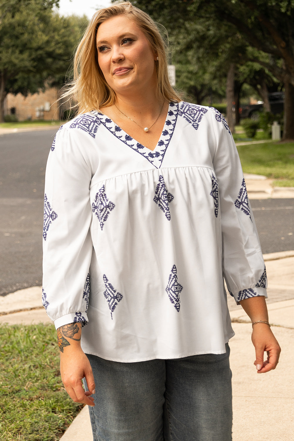 White Boho Geometric Print V Neck Plus Size Blouse - Plus Size Tops