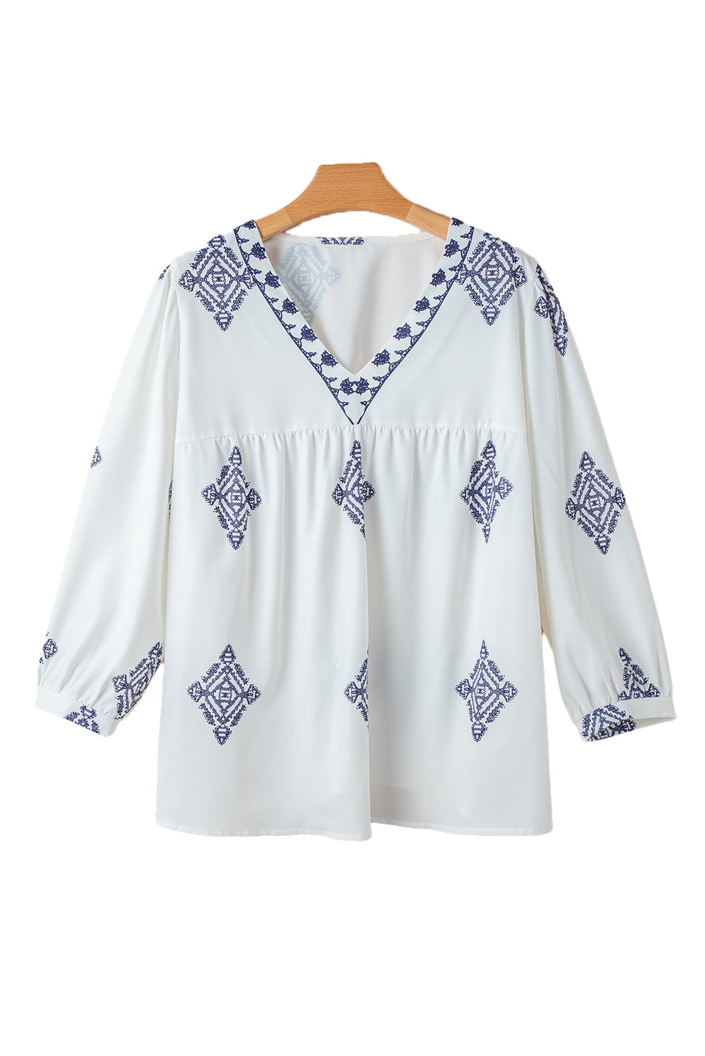 White Boho Geometric Print V Neck Plus Size Blouse - Plus Size Tops