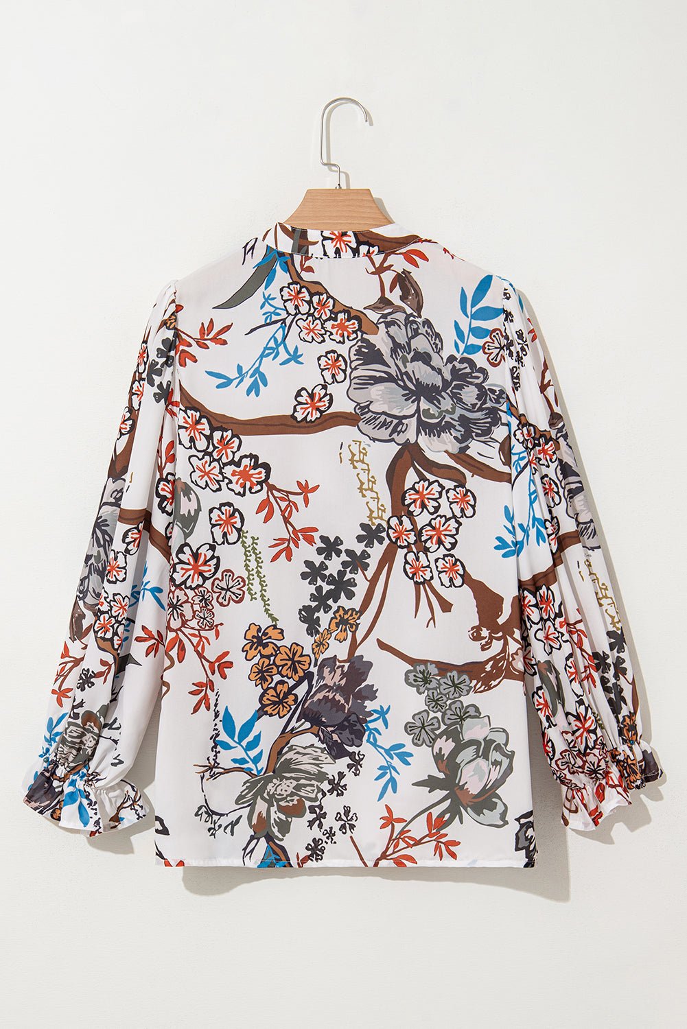 White Boho Print Lantern Sleeve V Neck Blouse - MAD RUFFI