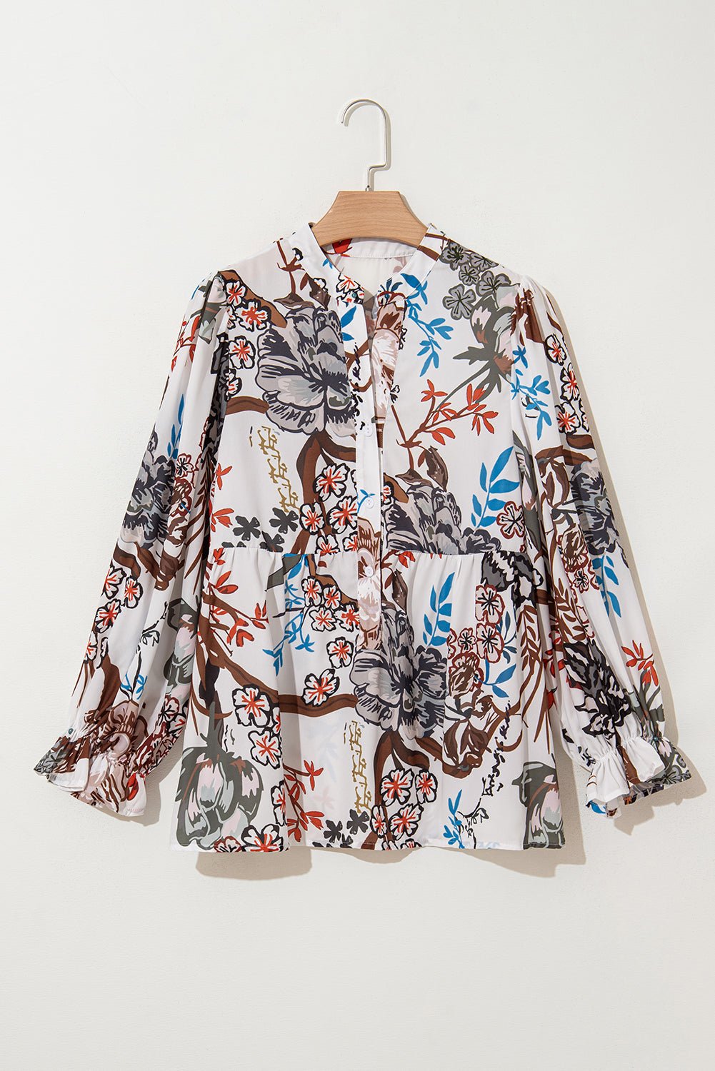 White Boho Print Lantern Sleeve V Neck Blouse - MAD RUFFI