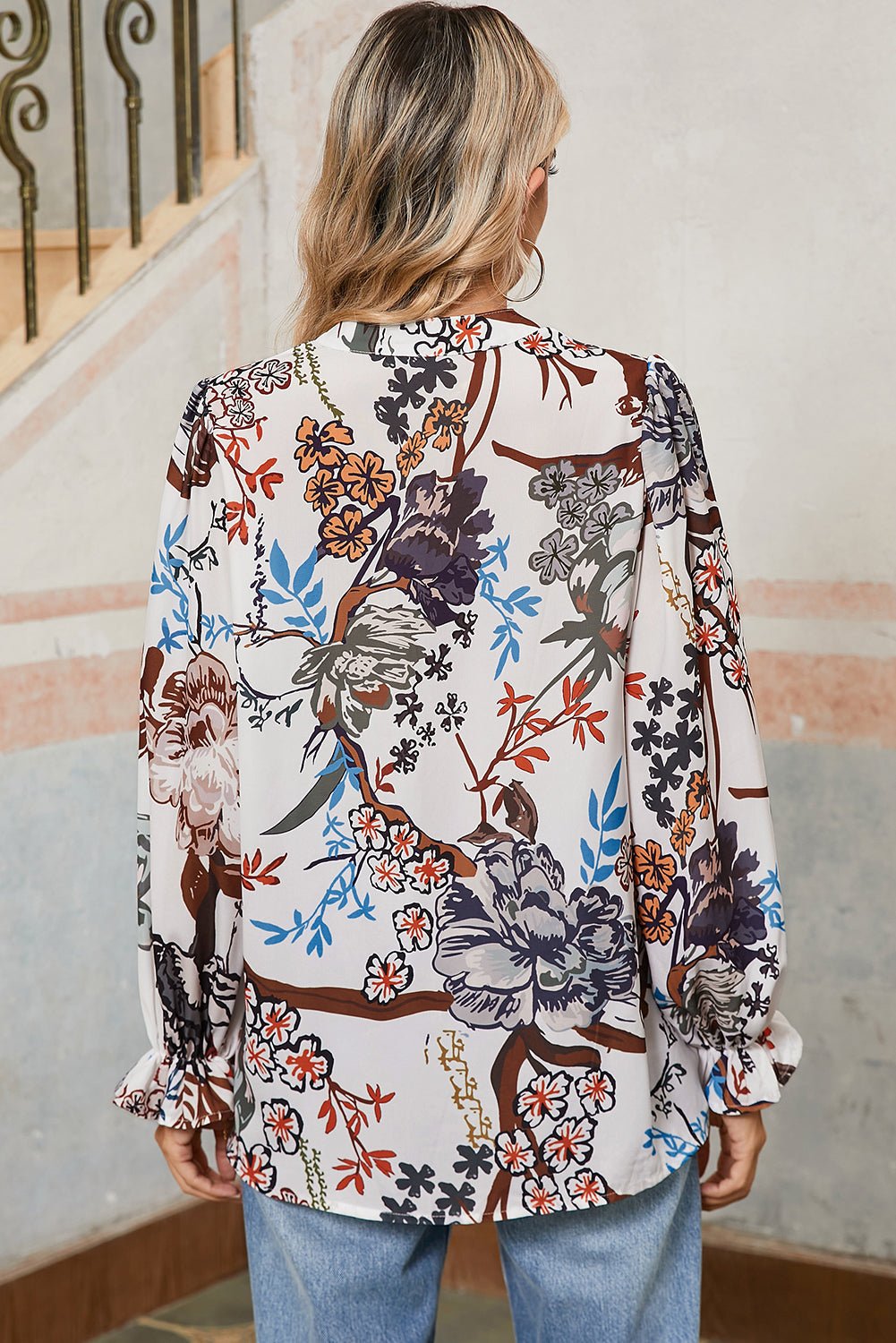 White Boho Print Lantern Sleeve V Neck Blouse - MAD RUFFI