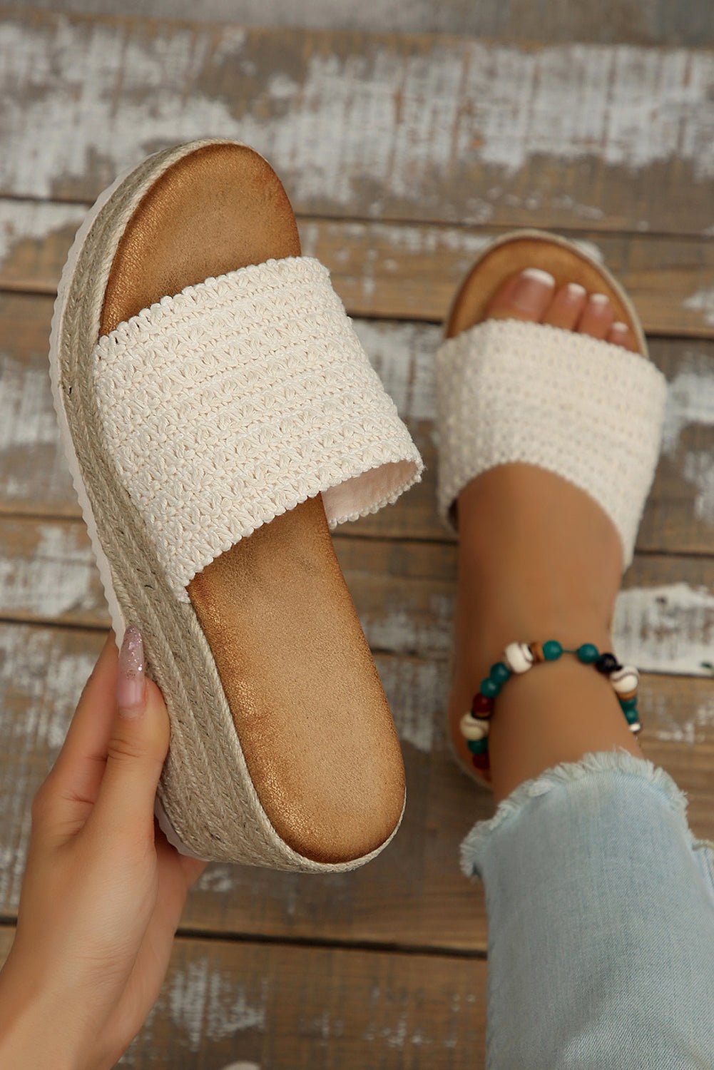 White Boho Woven One Band Wedge Slippers - MAD RUFFI