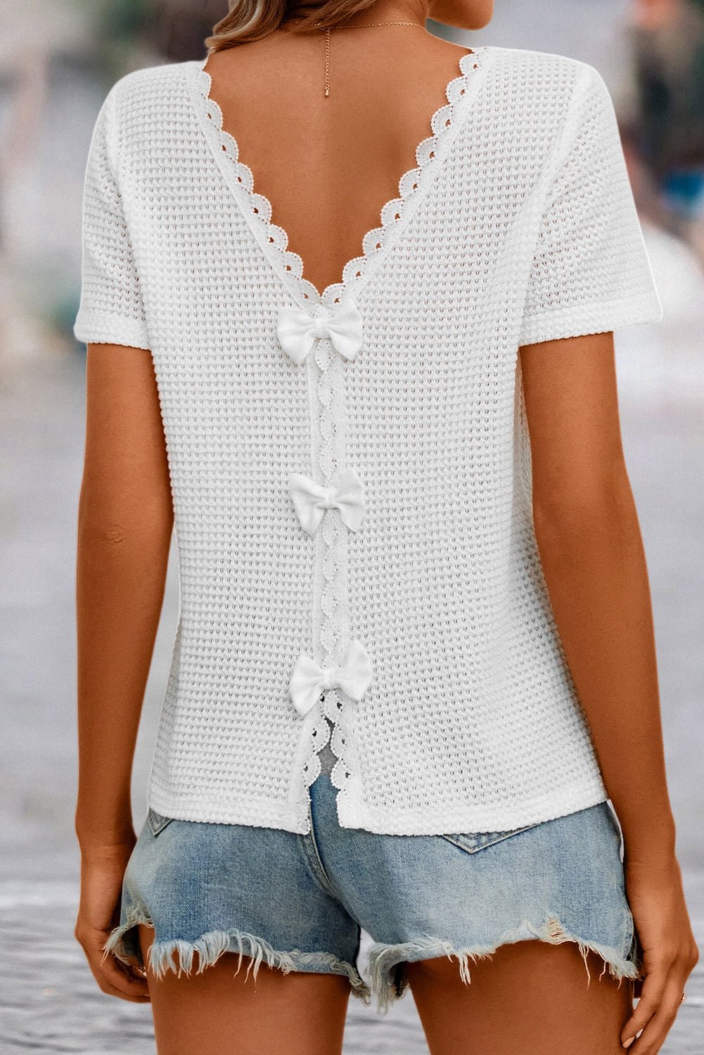 White Bow Back Lace Trim Waffle Knit T-Shirt - MAD RUFFI