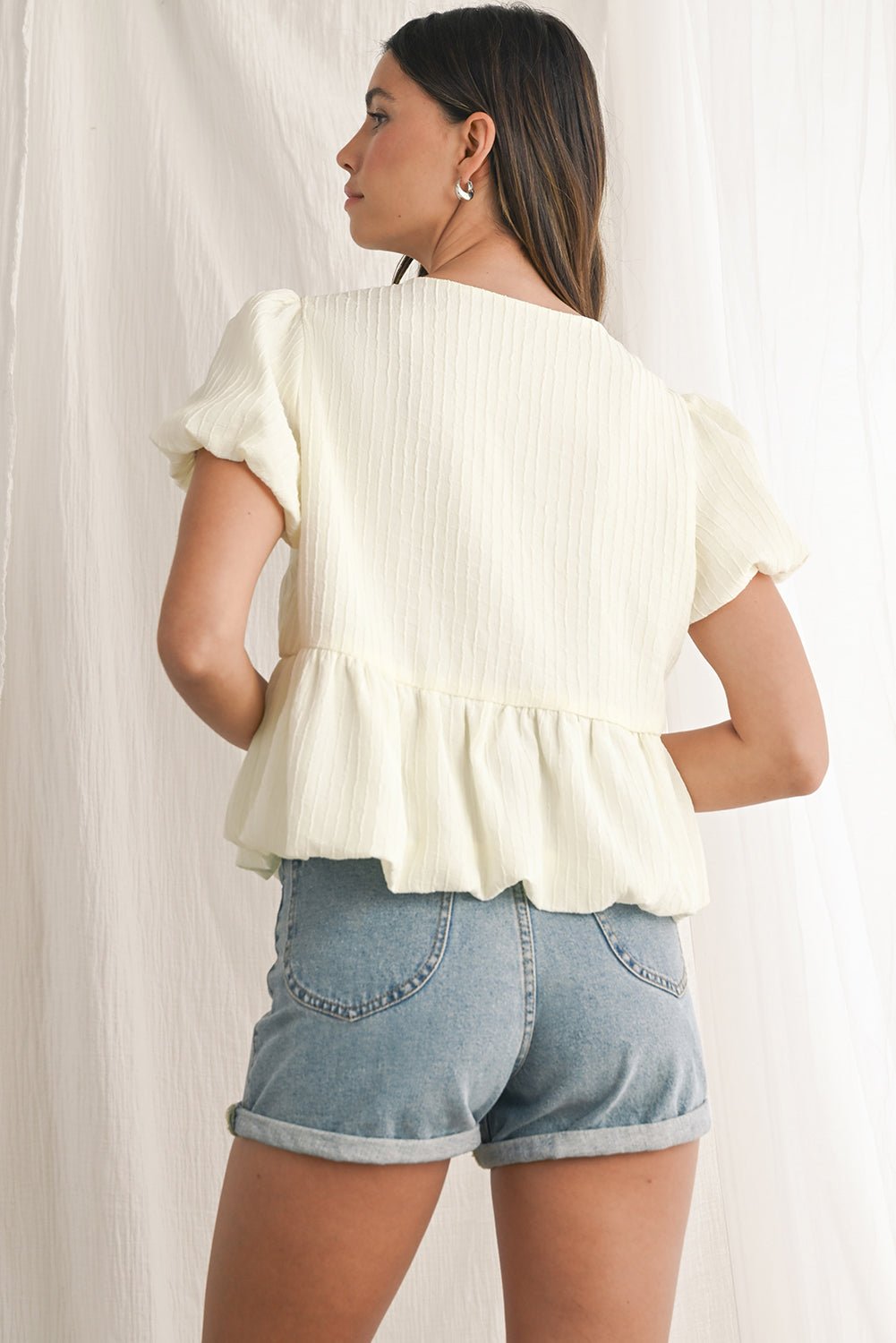 White Bow Front Babydoll Textured Blouse - MAD RUFFI