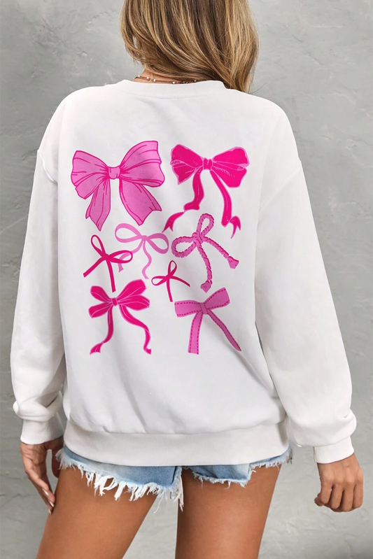 White Bow Graphic Casual Crewneck Sweatshirt - White / S - Graphic Sweatshirts