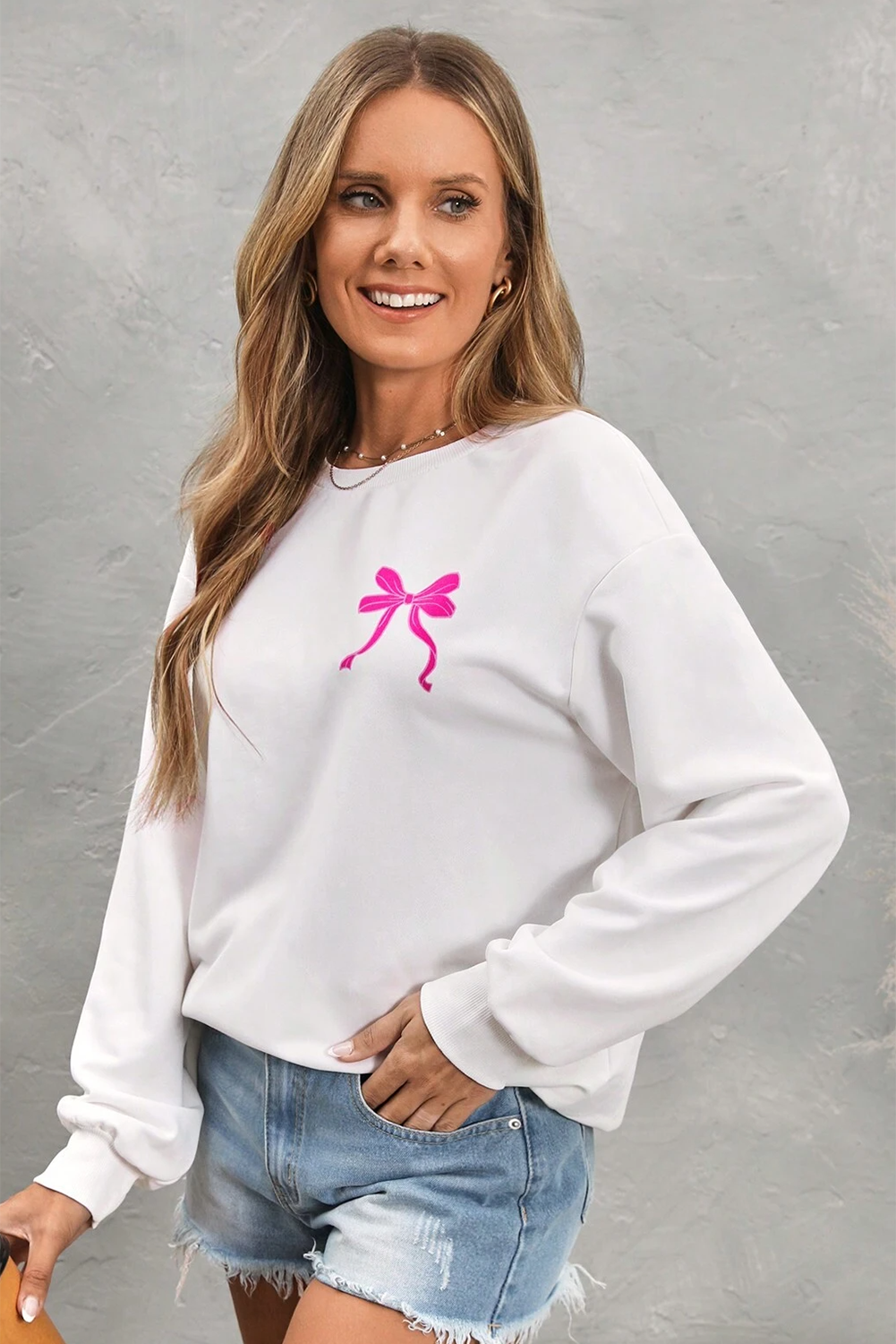 White Bow Graphic Casual Crewneck Sweatshirt - Graphic Sweatshirts